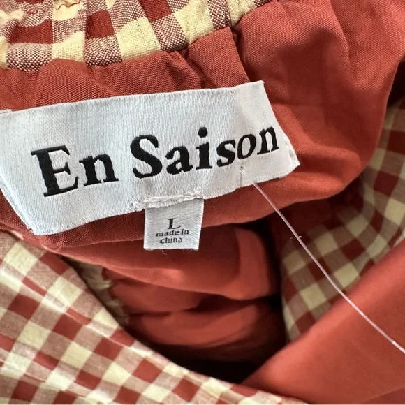 NWT En Saison Juni Gingham Bubble Sleeve Tie-Back Midi Dress Brick Womens L - Picture 3 of 10